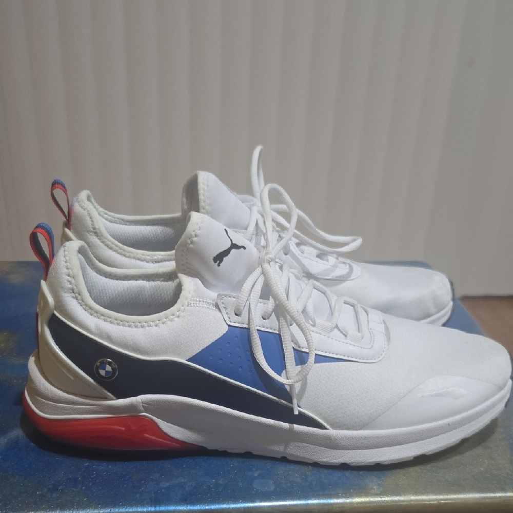 BMW White and Navy Sneakers with Red Sole